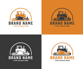 Logo design for a construction company. Bulldozer in black and orange shades. Vector illustration.