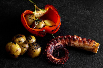 Obraz na płótnie Canvas Sea delicacy grilled octopus. Dish on a dark background