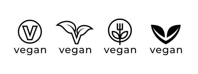 Vegan logo icon set. Plant based diet product label leaf symbols. Vegetarian food sign. Vector illustration.