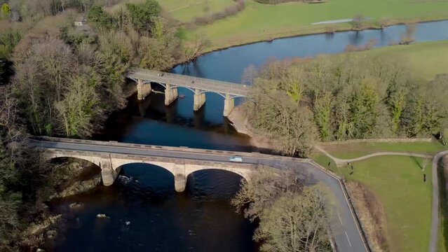 4k drone footage of the bridges at Crook O Lune near Lancaster in Lancashire, UK