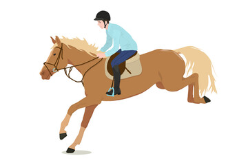 vector illustration of a rider sitting on a running and jumping horse, isolated on a white background. The theme of equestrian sports