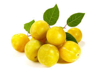 Mirabelle Plums with Leaves on white Background Isolated