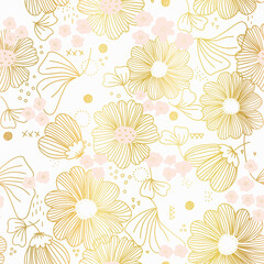 Golden flowers seamless vector pattern. Repeating metallic gold foil floral doodle line art background on white. For elegant fabric, wrapping, wallpaper, gift wrap, summer decor, party, celebration.