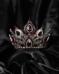 Crown for miss beauty, a symbol of power and elegance, competition, show. Tiara in white metal and red stones on a black draped satin background - obrazy, fototapety, plakaty