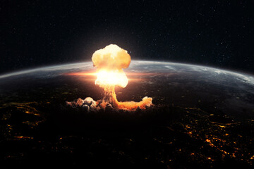 World War III. Atomic explosion on planet earth, view from space. Air strike missiles. Bomb blast....