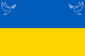 No war in Ukraine. Pray for Ukraine. Stop the war. A flying dove of peace with the symbol of the olive branch logo. A white pigeon. Say no to war.