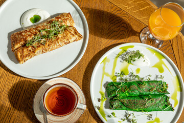 traditional Russian pastries: pancakes for Maslenitsa, pancakes with salmon, pancakes with honey, pancakes for breakfast