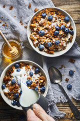 Healthy diet breakfast granola and blueberries with yogurt. Homemade diet granola with yogurt nuts and blueberries for healthy light breakfast.