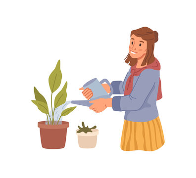Female personage watering flowers, gardening and horticulture. Vector hobby of woman with can, growing flora and botany. Growth of domestic leafage, florist professional. Flat cartoon character
