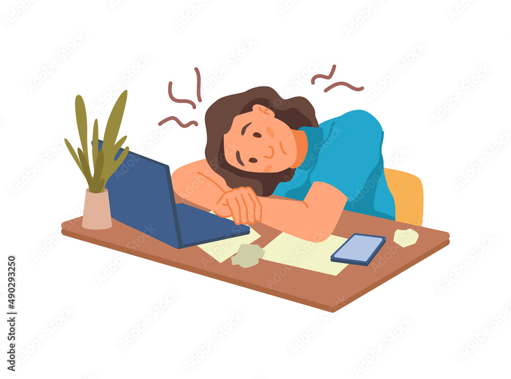 Aufkleber Exhausted employee laying on desk. Vector woman tired of overworking and overload. Low energy and productivity level due to health problems. Struggle to work and procrastination. Flat cartoon
