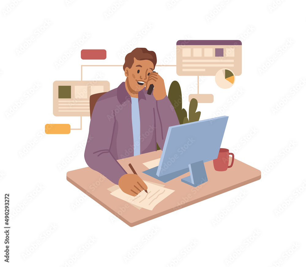Poster employee or boss talking on phone with customer. vector hotline or operator, businessman dealing wit