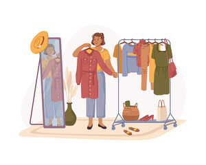 Girl choosing clothes, woman trying on stylish apparel in shop or boutique. Vector woman with dress looking at mirror, costumes and accessories, shoes and hats for outfit. Flat cartoon character