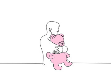 adult man hugging big pink bear with both arms - one line drawing vector. concept brutal masculine man loves cute soft toys or pink color