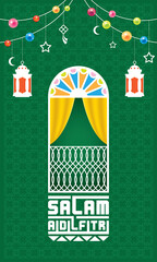 Beautiful traditional Malay style wooden window frame with Raya festival elements background. The words "Salam Aidilfitri" means happy Hari Raya.
