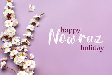 Sprigs of the apricot tree with flowers on pink background Text Happy Nowruz Holiday Concept of spring came Top view Flat lay Hello march, april, may, persian new year - 490294054