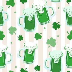 Seamless St. Patrick's Day pattern of Irish symbols. Green clover leaf and other hand drawn elements. Vector backgrounds for holiday invitation, greeting card or flyer