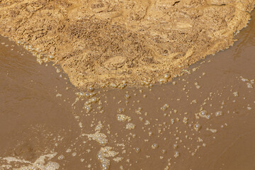 Dirty brown bubbles floating on waste-water surface water from urban city to waste-water treatment plant. 