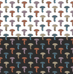 Doodle mushroom seamless pattern. Hand drawn ink brush stroke, modern design, decorative art shapes. Earth tones color palette. White or Gray easy editable color background. Vector