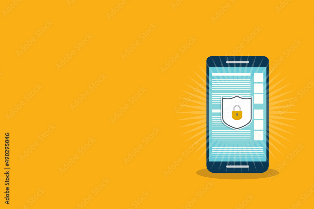 Poster internet network security. safe browsing on mobile phone. vector illustration.
