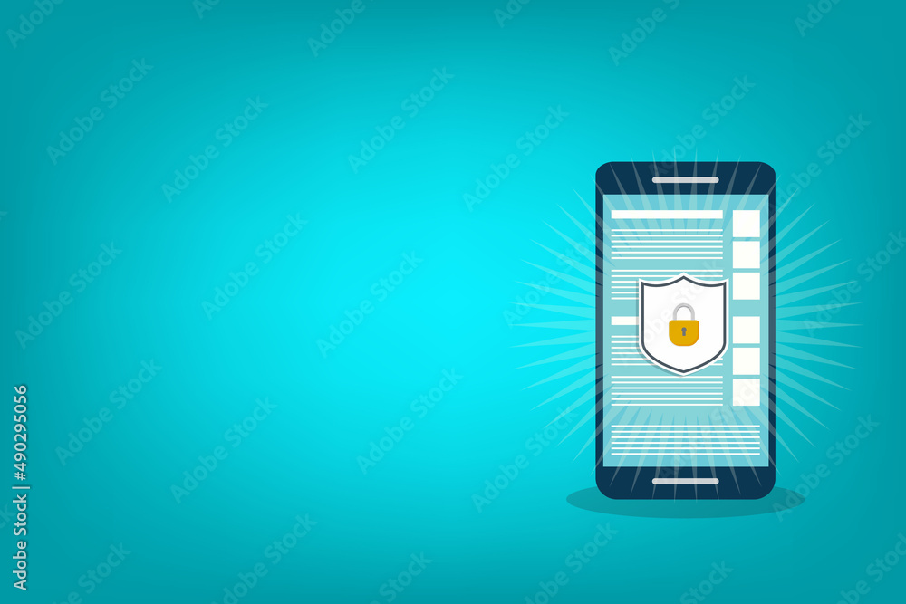 Poster internet network security. safe browsing on mobile phone. vector illustration.