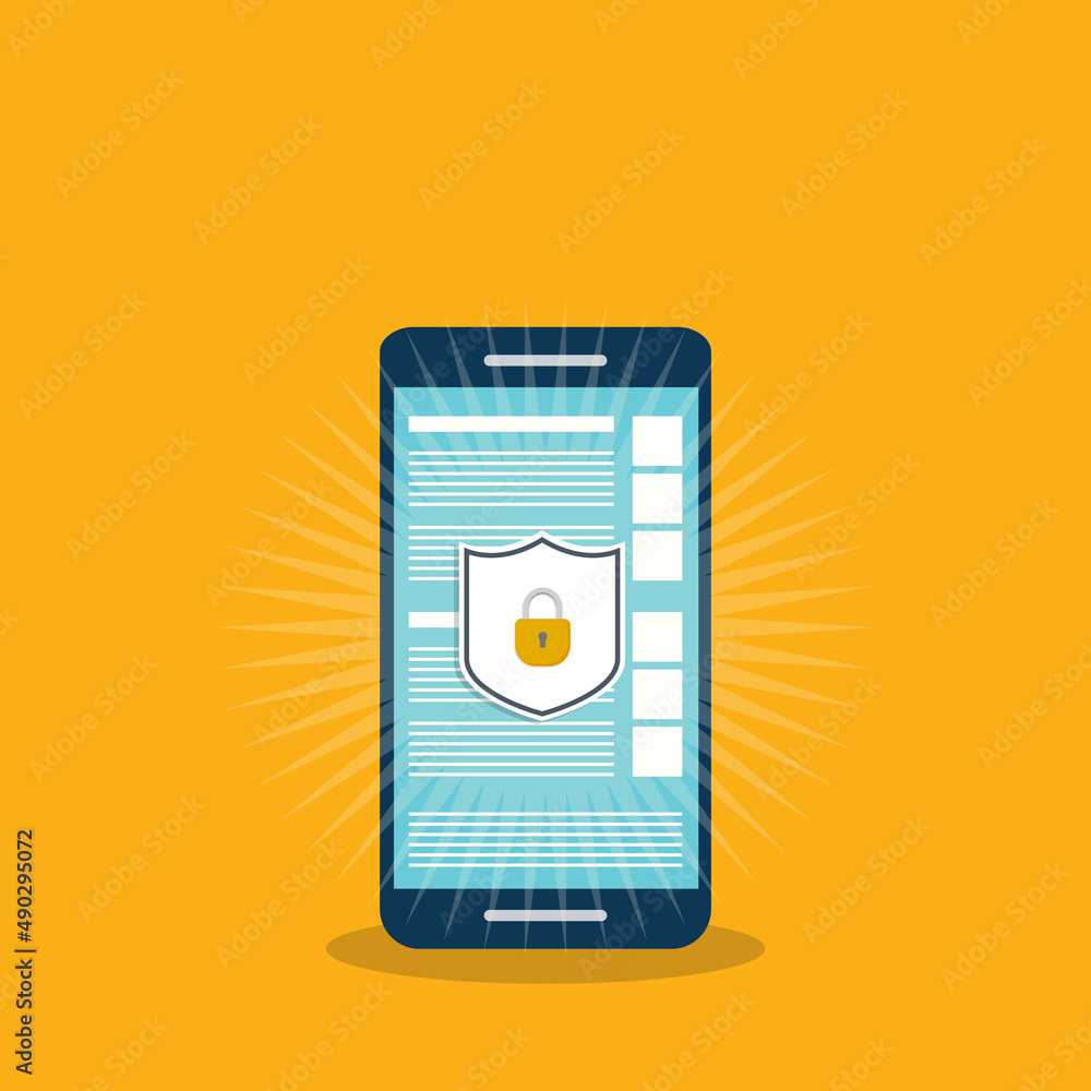 Poster internet network security. safe browsing on mobile phone. vector illustration.