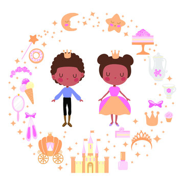 prince and princess with dark skin in fairy frame on the white background