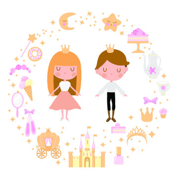 blonde princess and prince in fairy frame on the white background