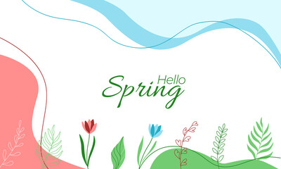 Spring background template in pink and green tones with flowers and twigs with space for text. Hello Spring. Vector template for an advertising banner, for sale