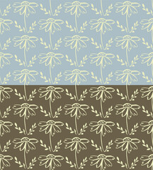 Doodle chamomile floral seamless pattern. Hand drawn ink brush stroke, modern design, decorative flower art shapes. Earth tones color palette. Blue or Gray easy editable color background. Vector