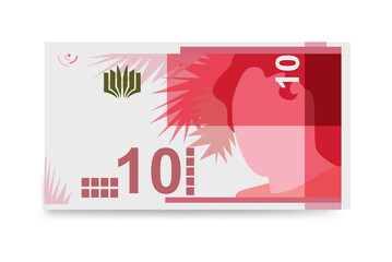 New Israeli Sheqel Vector Illustration. Indonesia, Timor-Leste money set bundle banknotes. Paper money 10 ILS. Flat style. Isolated on white background. Simple minimal design.
