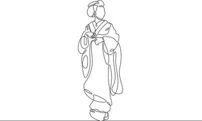 One continuous line.Japanese woman in traditional street costume. National dress of Japan.Continuous line drawing.Line Art isolated white background.
