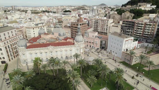Drone pan reveals historical Cartagena City Hall; Murcia, Spain
