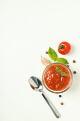 Concept of tasty food with adjika, space for text