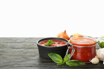 Concept of tasty food with adjika isolated on white background