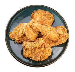 Fried chicken in black plate isolated on white background, Fried chicken on white With clipping path.