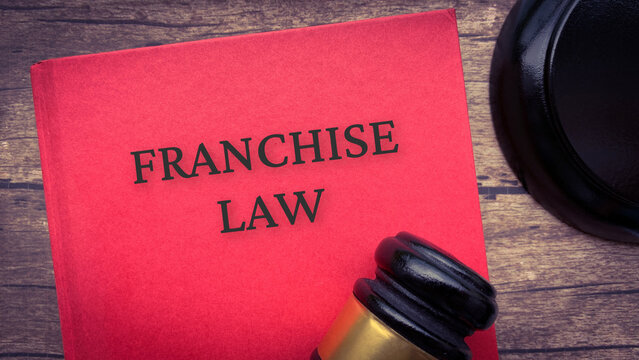 Franchise Law Book And Gavel On Wooden Table.