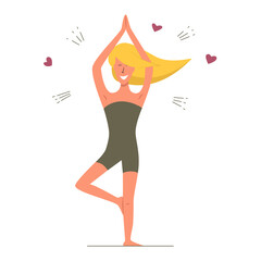 Happy skinny woman in yoga tree position. Body positive white-skinned girl stands on one leg. Female in harmony with herself. Mental and body health. Vector