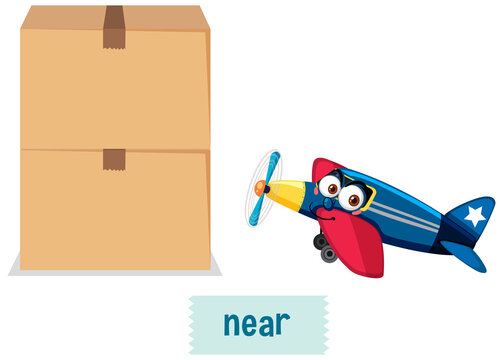 Prepostion wordcard design with airplane near boxes