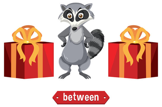 Prepostion wordcard design with raccoon between boxes