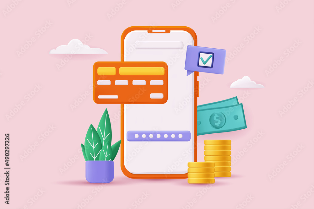 Aufkleber Online payment concept 3D illustration. Secure financial transactions and transfers with credit cards in banking application of mobile interface. Vector illustration for modern web banner design