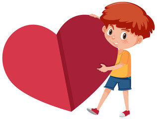 A boy holding red heart in cartoon style