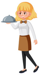 A young waitress serving food white background