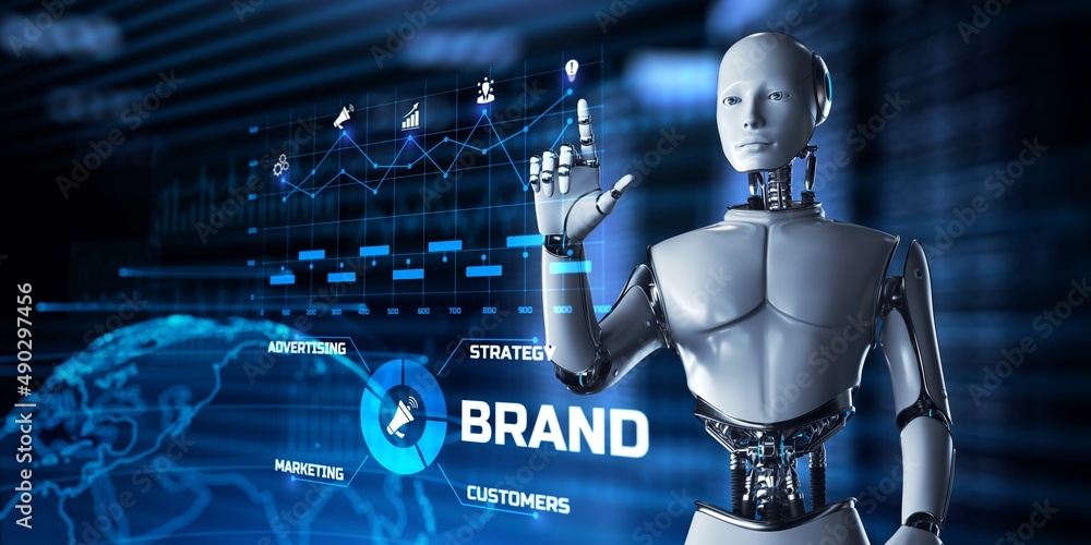 Poster brand concept. robot pressing button on screen 3d render.