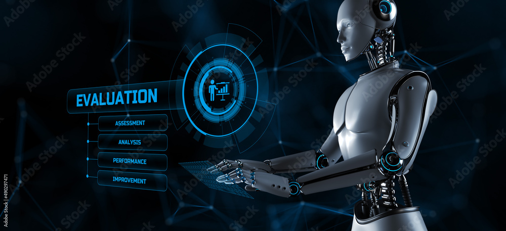 Poster evaluation assessment rating concept. robot pressing button on screen 3d render.