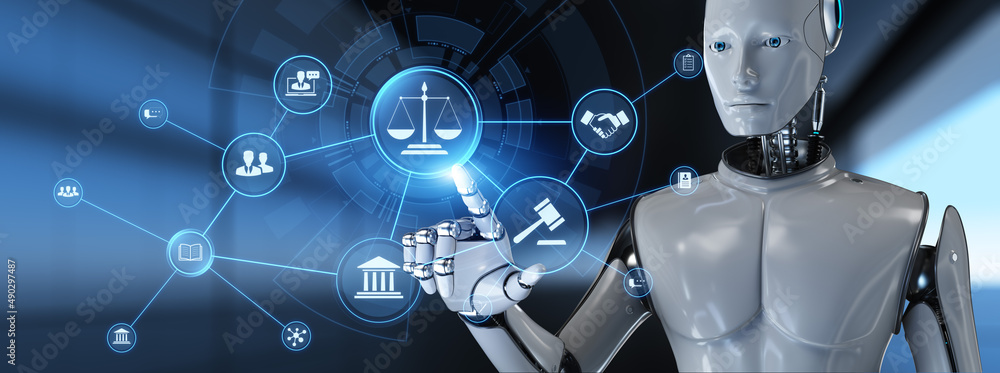 Poster law lawyer jurisprudence concept. robot pressing button on screen 3d render.