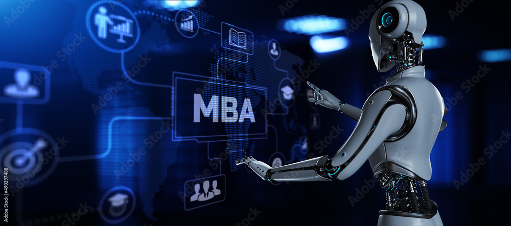 Poster mba master business administration education. robot pressing virtual button 3d render illustration.