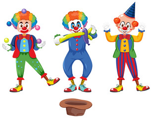 Set of clown performing cartoon character