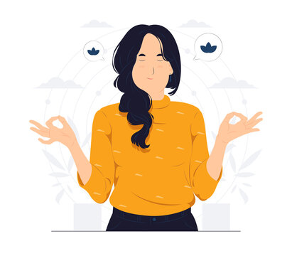 Lifestyle, people emotions, Relaxed and patient smiling young woman with closed eyes meditating to calm down, do breathing exercises with hands in zen gesture concept illustration