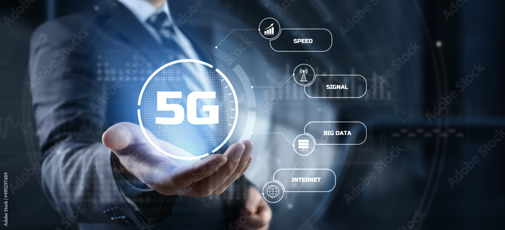 Poster 5g high-speed internet connection concept. businessman pressing button on screen.
