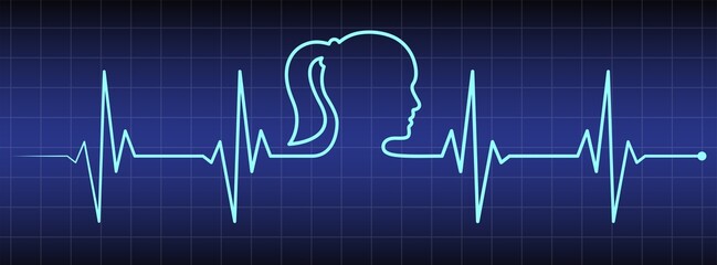 Ecg, ekg monitor with cardio diagnosis, woman head profile. Heart rhythm line vector design to use in healthcare, healthy lifestyle, medicine, ekg, ecg concept illustration projects.